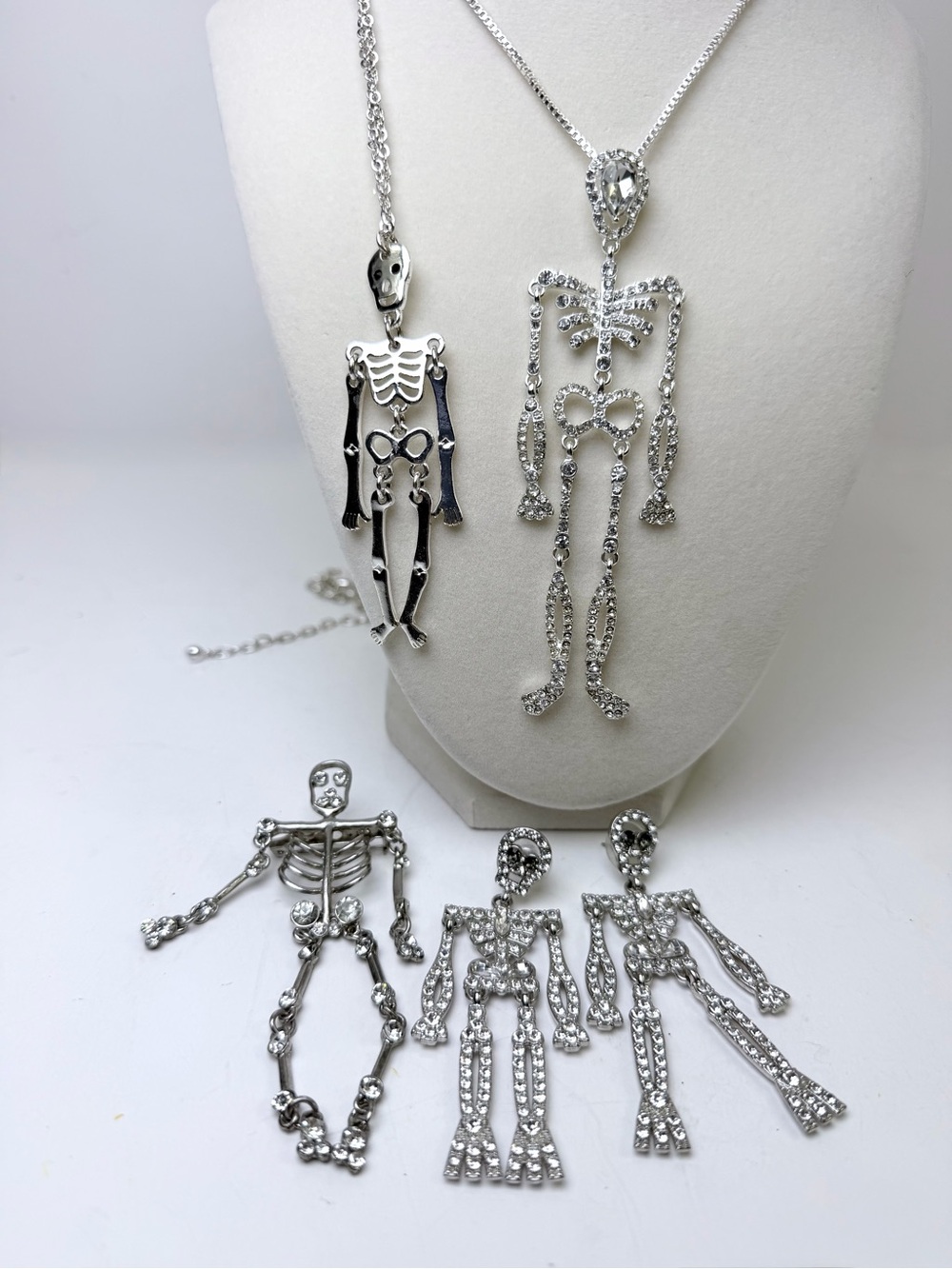 Halloween Skeleton Jewelry Lot Bella Jack Necklace Rhinestone Earrings Pin Goth